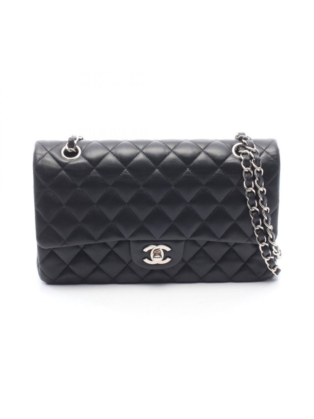 Chanel Shoulder Bag Quilted Double Flap Black Lambskin Chain